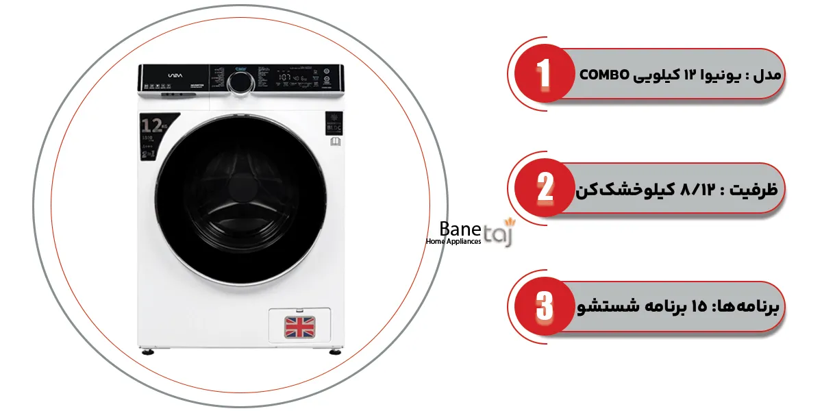 لباسشویی یونیوا 12 کیلو کومبو بخارشوردار مدل COMBO UN-12 WBL